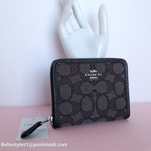 COACH Small Zip Around Wallet  With ID Window In Signature Jacquard -Black SB⭐ - Picture 2 of 16